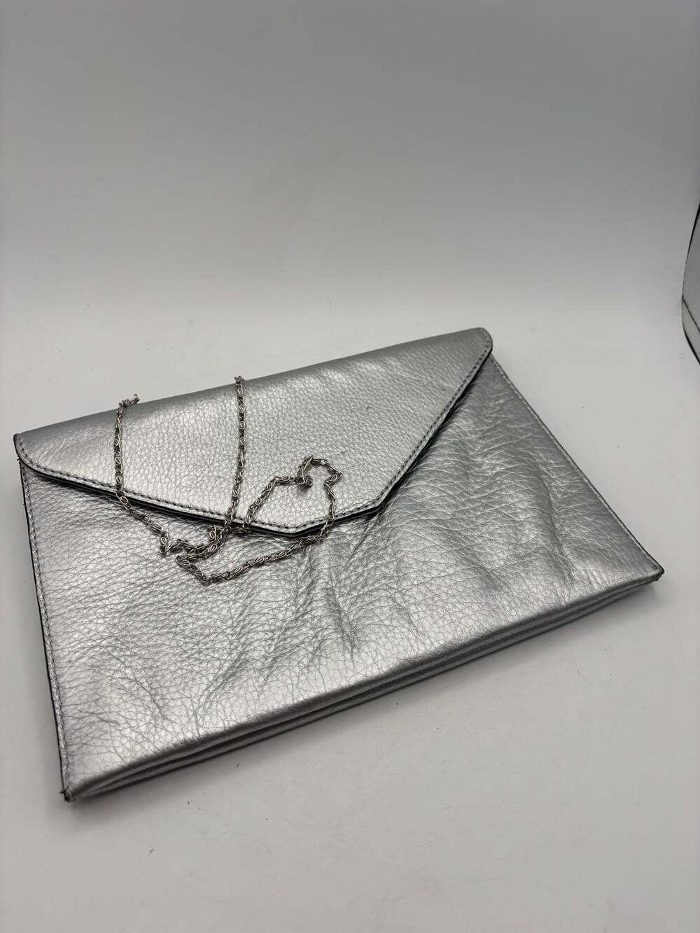 Alberta di Canio Genuine Italian Leather Silver Metallic Envelope Clutch with Ch